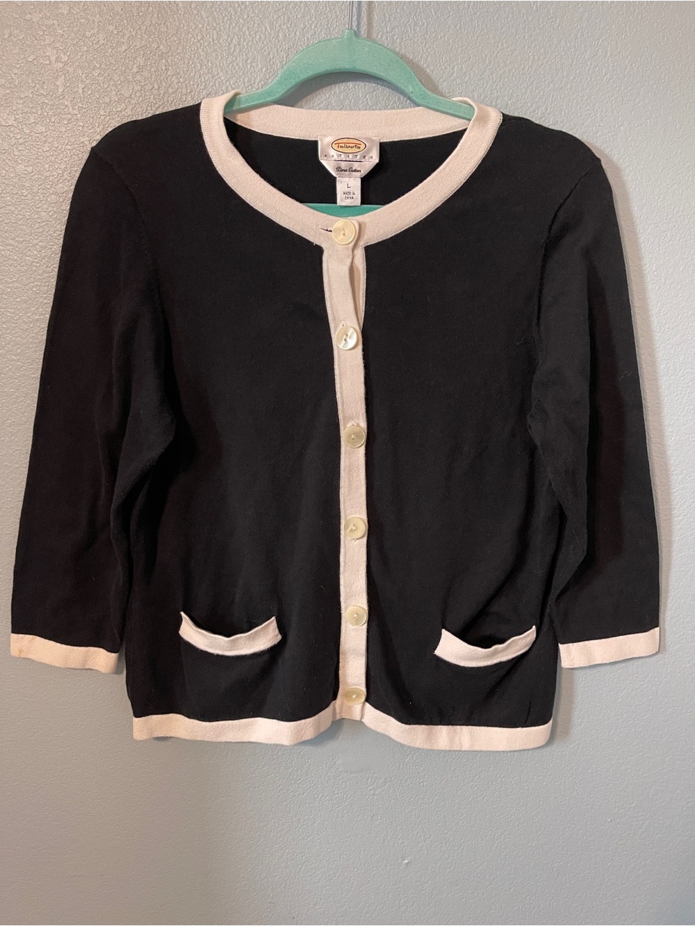 Talbots Black Ivory Contrast Trim Cardigan Sweater Quiet Luxury Pockets Large